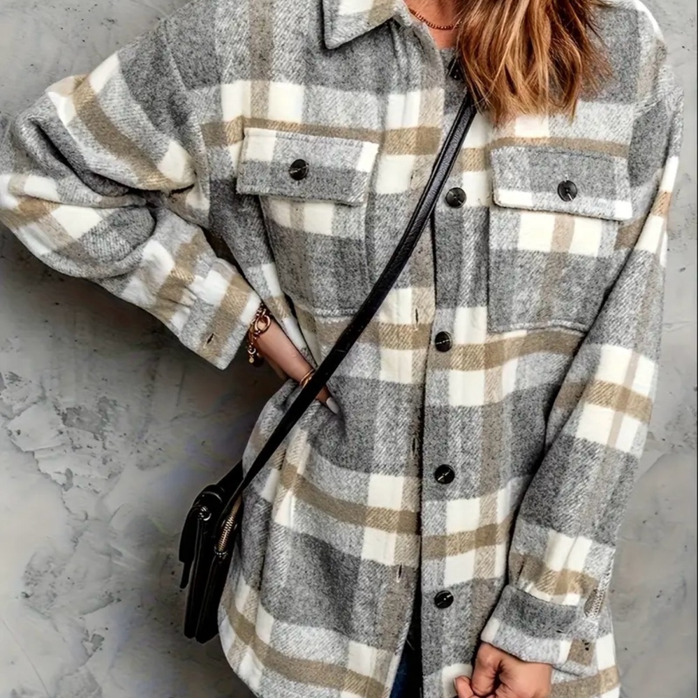Plaid Gray and Tan Women's Jacket - Picture 3 of 3